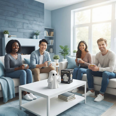 Diverse group of friends smiling in a bright, modern living room with GhostFlip product on a table, representing easy hosting