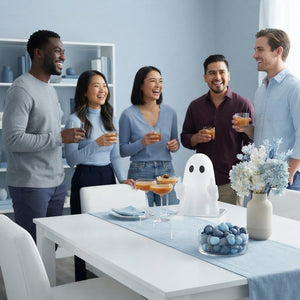 A diverse group of friends smiling at a stress-free party with the GhostFlip product on a table in a bright, modern room.