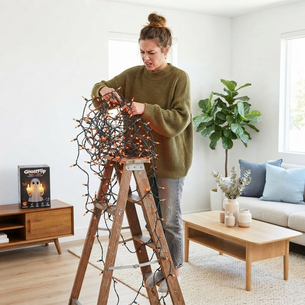 A person on a ladder struggling to untangle messy Halloween lights in a modern living room.