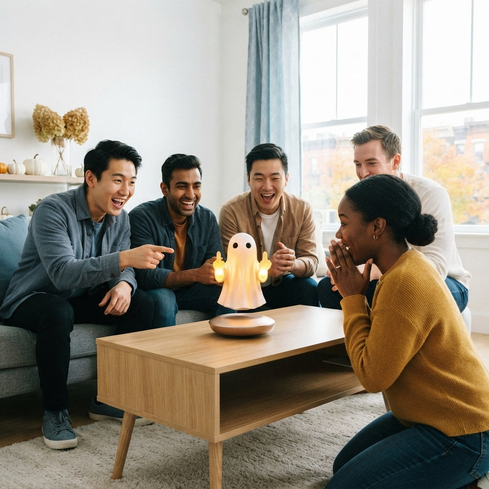 A diverse group of friends laughing at a party while the GhostFlip gadget levitates in a bright, modern living room.